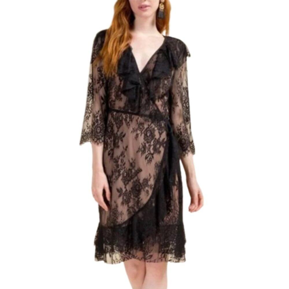 Francesca’s Kaylee Black Floral Lace Wrap Dress Size M 3/4 Sleeve Ruffle Detail